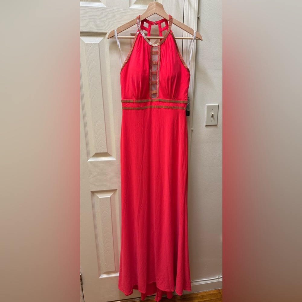 Elegant Coral Maxi Dress with Gold Accents